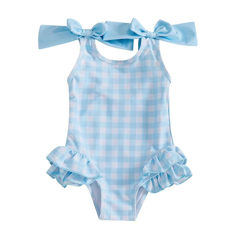 1-4Years Kids Baby Girls Swimsuits Cute Plaid Print Bowknot Shoulder Straps Ruffled Romper Bathing Suit Toddlers Beachwear