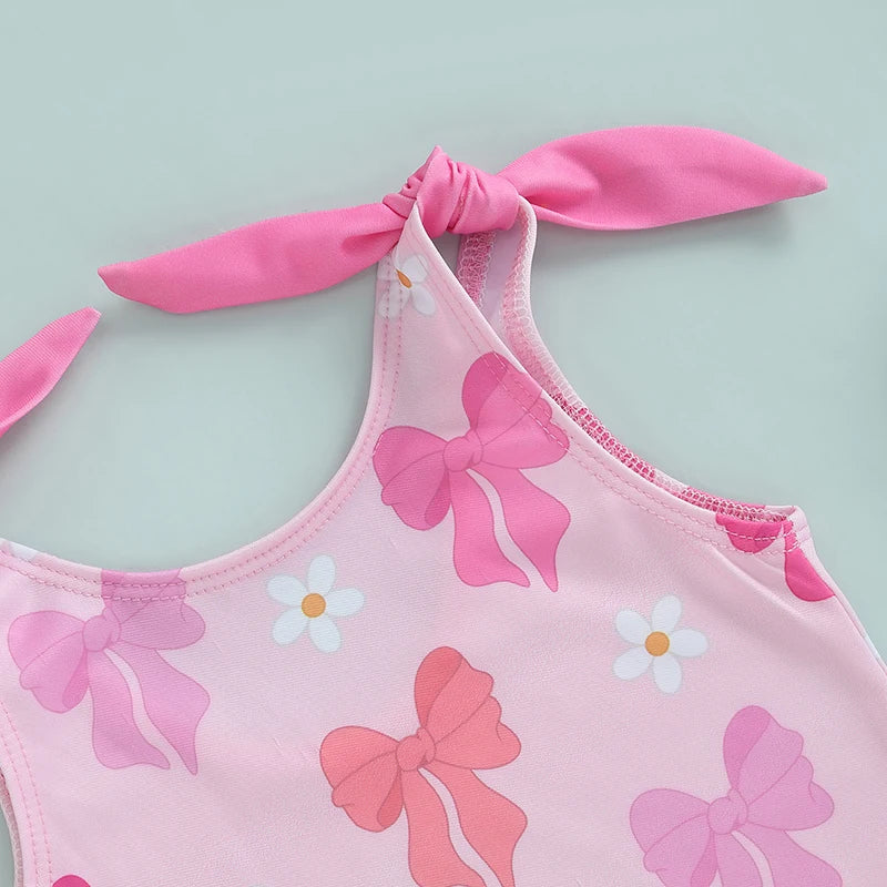 1-6T Toddler Girl Rash Guard Swimsuit Floral/Bowknot Print Sleeveless Tie Up Bathing Suit Beach Holiday Swimwear