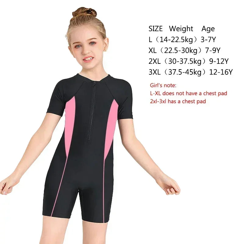 Children's One-piece Swimsuit Boy Girl Sunscreen Zipper Swimwear Color Matching Short Sleeve Shorty Swimming Suit