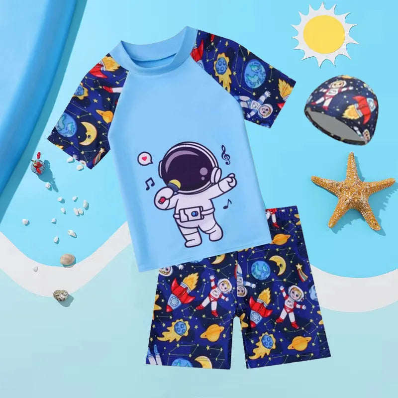 Summer Set Cartoon Print Kids Boys Swimwear Children's Swimsuit Surfing Suit Swimming Clothes For Boy Beachwear with Hat