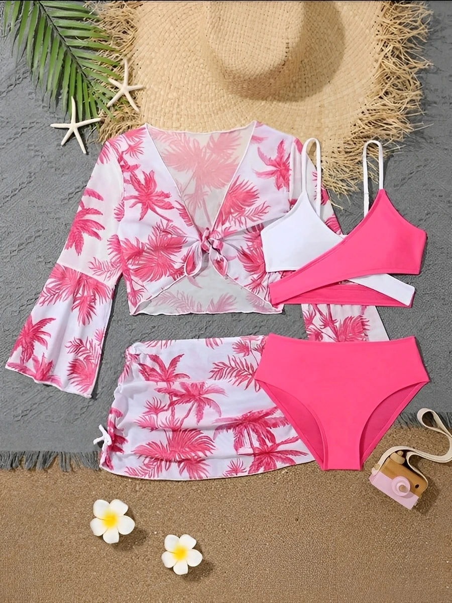 4 Pieces Bikini Top & Skirt 2025 Girls Swimsuit Kids High Waist Swimwear Children Bathers Bathing Swimming Swim Suit Beachwear