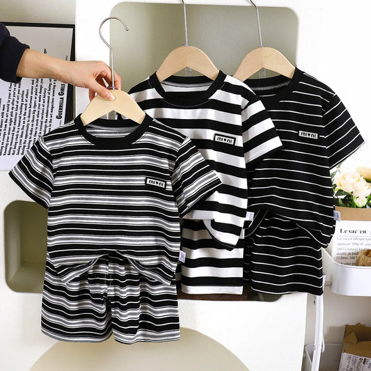 New Summer Children's Top and Bottom Clothes Set Striped Casual Sports Short Sleeve Two Piece Set Clothing