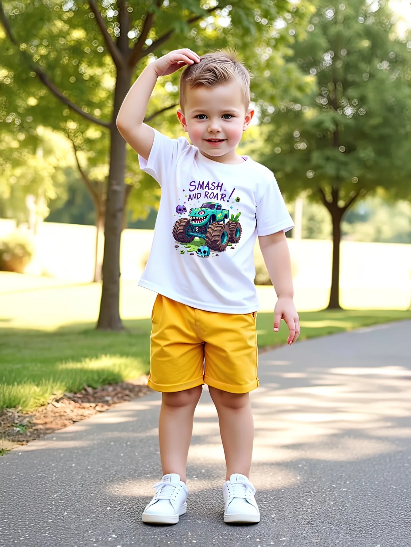 The 2025 summer new 3D truck print casual and simple set is suitable for both daily and outing outfits