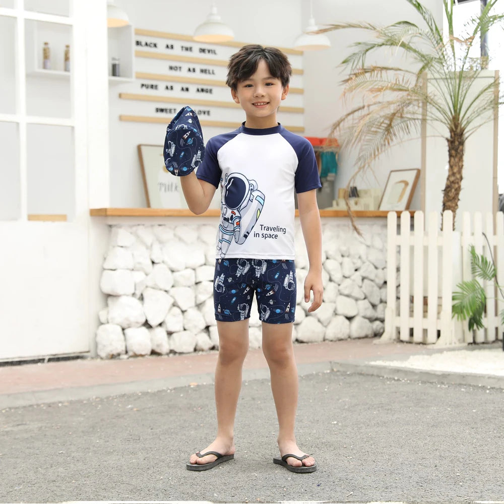 Summer Children's Swimsuit Boy Short Sleeve Beachwear Anstronaut Kids Cartoon Cute Quick Drying Boys Swimsuit Set Boys Swim Suit