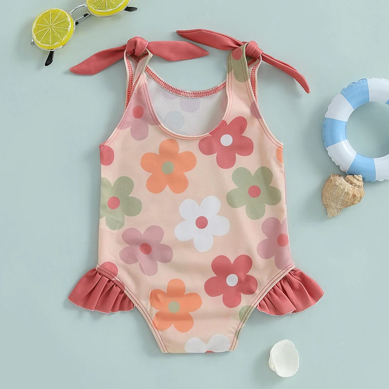 1-6T Toddler Girl Rash Guard Swimsuit Floral/Bowknot Print Sleeveless Tie Up Bathing Suit Beach Holiday Swimwear