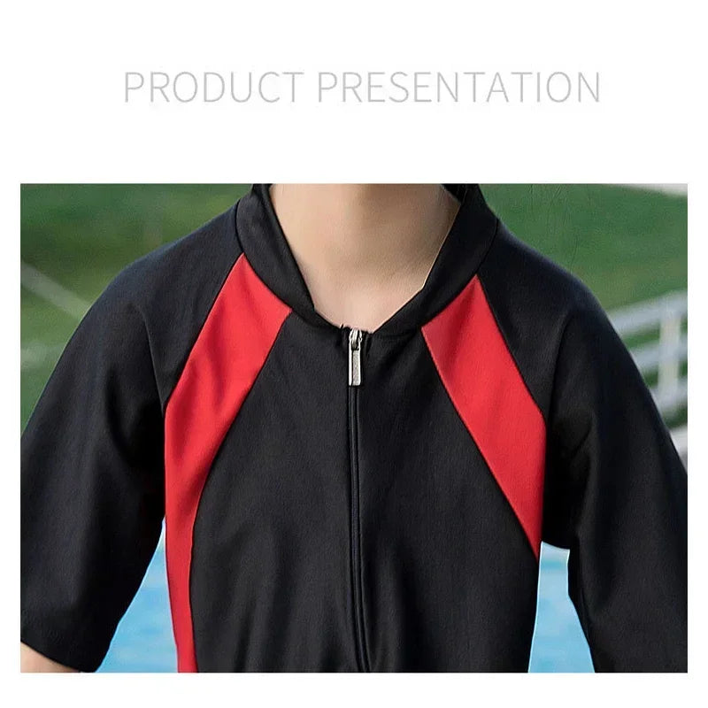 Children's One-piece Swimsuit Boy Girl Sunscreen Zipper Swimwear Color Matching Short Sleeve Shorty Swimming Suit