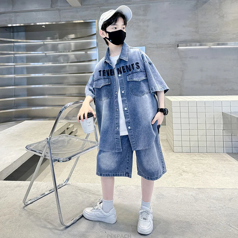 Boys Denim Suit Summer Clothes New Children's Short Sleeve Shirt + Shorts Sports Korean Tracksuit Sets Kids Luxury Clothing Suit