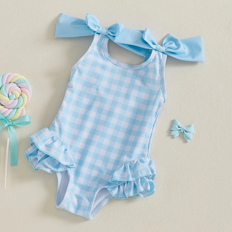 1-4Years Kids Baby Girls Swimsuits Cute Plaid Print Bowknot Shoulder Straps Ruffled Romper Bathing Suit Toddlers Beachwear