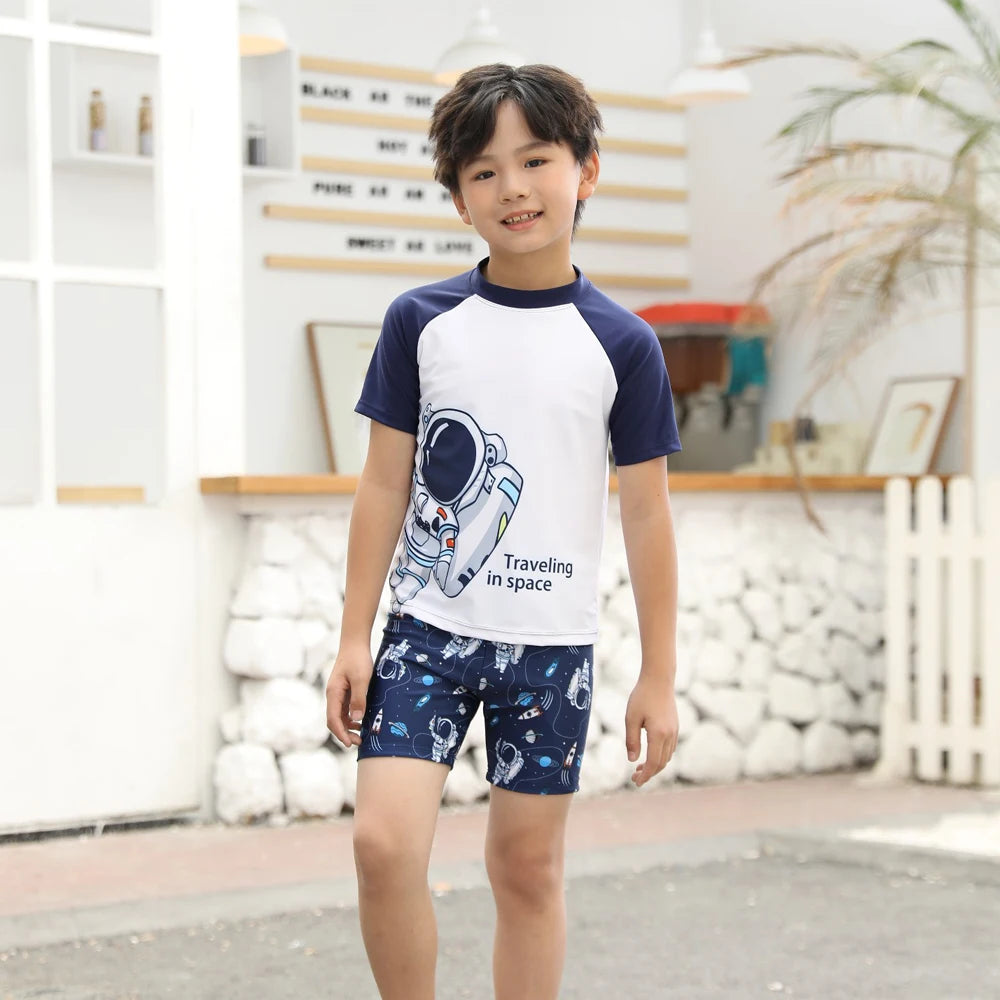 Summer Children's Swimsuit Boy Short Sleeve Beachwear Anstronaut Kids Cartoon Cute Quick Drying Boys Swimsuit Set Boys Swim Suit