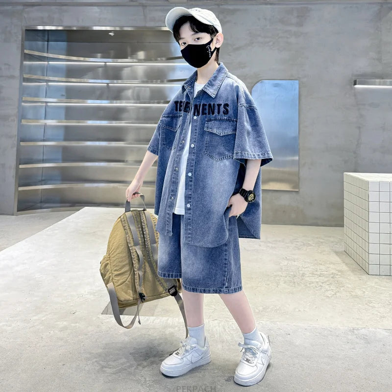 Boys Denim Suit Summer Clothes New Children's Short Sleeve Shirt + Shorts Sports Korean Tracksuit Sets Kids Luxury Clothing Suit