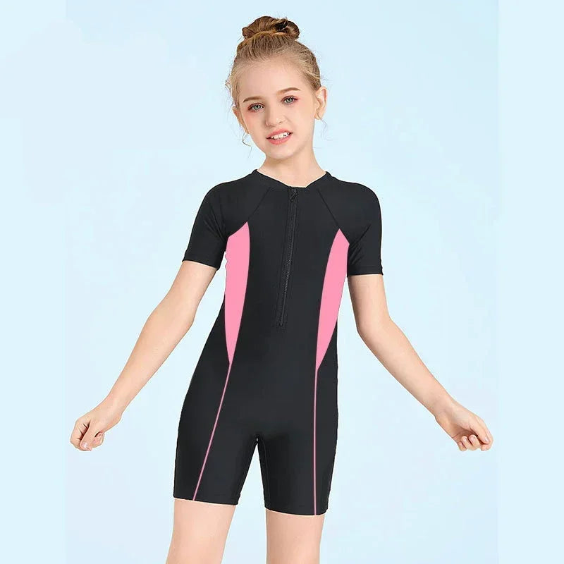 Children's One-piece Swimsuit Boy Girl Sunscreen Zipper Swimwear Color Matching Short Sleeve Shorty Swimming Suit