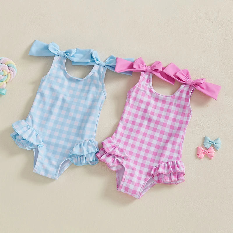 1-4Years Kids Baby Girls Swimsuits Cute Plaid Print Bowknot Shoulder Straps Ruffled Romper Bathing Suit Toddlers Beachwear