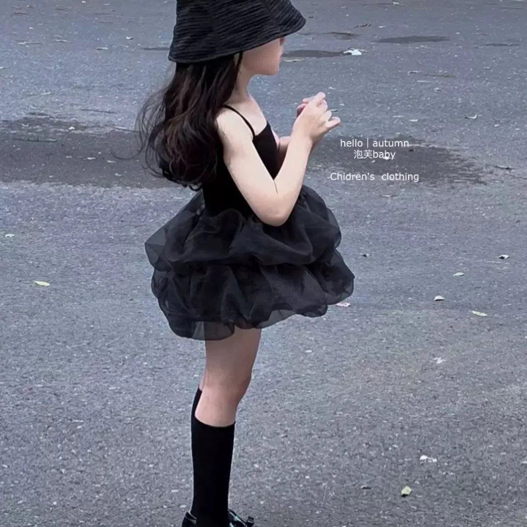 Little Black Dress 2025 Summer New Product Stylish Girls' Dress Korean Version Children's Baby Strap Princess Dress