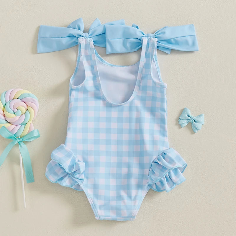 1-4Years Kids Baby Girls Swimsuits Cute Plaid Print Bowknot Shoulder Straps Ruffled Romper Bathing Suit Toddlers Beachwear