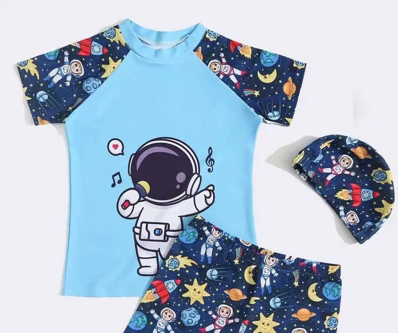 Summer Set Cartoon Print Kids Boys Swimwear Children's Swimsuit  Surfing Suit Swimming Clothes For Boy Beachwear with Hat