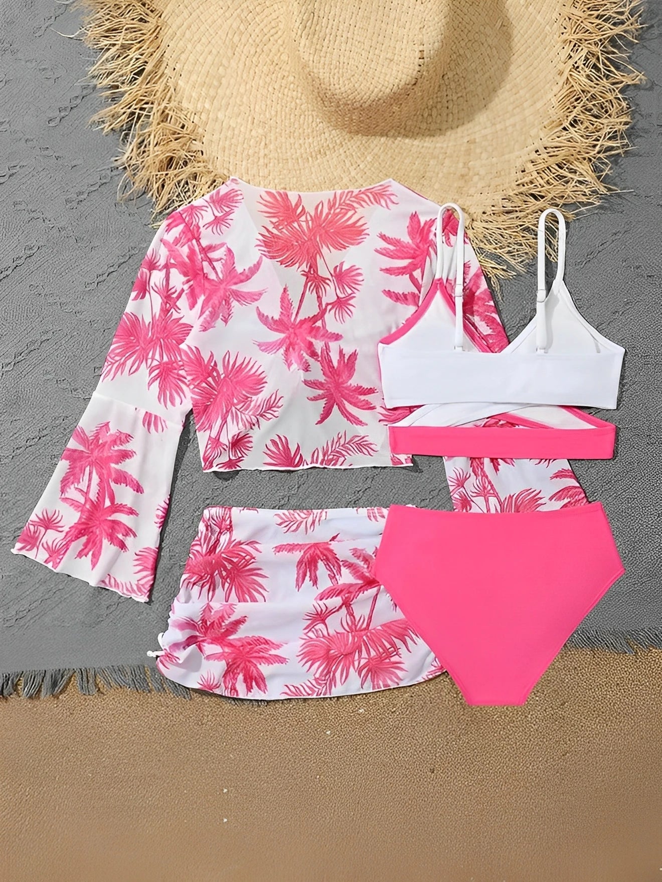 4 Pieces Bikini Top & Skirt 2025 Girls Swimsuit Kids High Waist Swimwear Children Bathers Bathing Swimming Swim Suit Beachwear