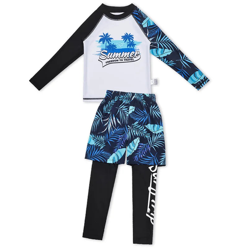 4 Pcs New Boy's Swimsuit Sun Protection UPF 50+ Long Sleeve Swimming Sunsuit With Hat Split Bathing Suits Children Swim Pants