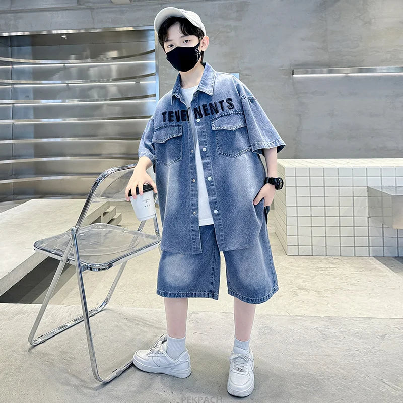 Boys Denim Suit Summer Clothes New Children's Short Sleeve Shirt + Shorts Sports Korean Tracksuit Sets Kids Luxury Clothing Suit