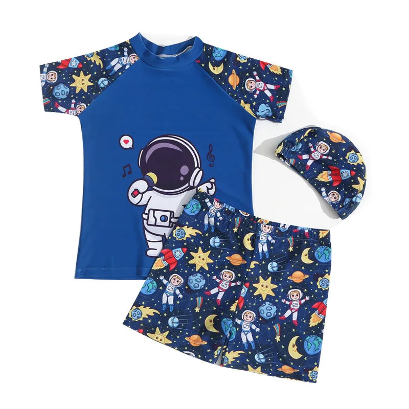 Summer Set Cartoon Print Kids Boys Swimwear Children's Swimsuit  Surfing Suit Swimming Clothes For Boy Beachwear with Hat