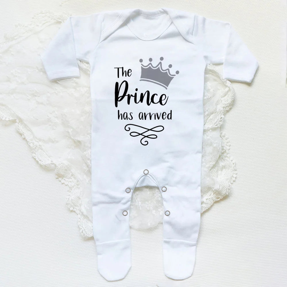 The Prince Has Arrived Print Baby Babygrow Sleepsuit Vest Bodysuit Newborn Boys Coming Home Hospital Clothes Infant Shower Gift