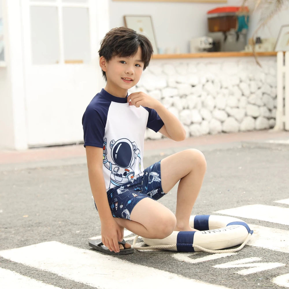 Summer Children's Swimsuit Boy Short Sleeve Beachwear Anstronaut Kids Cartoon Cute Quick Drying Boys Swimsuit Set Boys Swim Suit