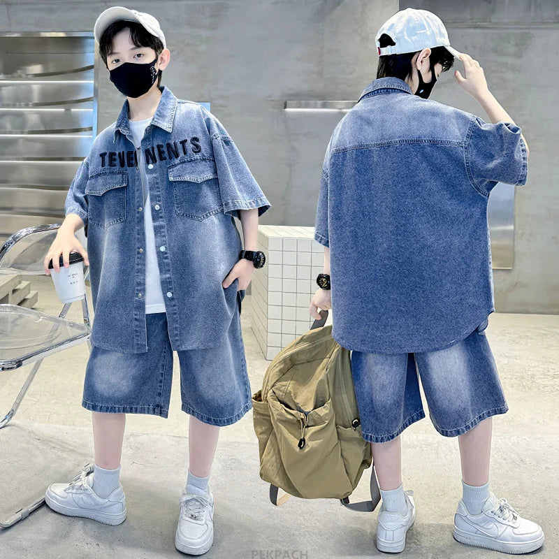 Boys Denim Suit Summer Clothes New Children's Short Sleeve Shirt + Shorts Sports Korean Tracksuit Sets Kids Luxury Clothing Suit