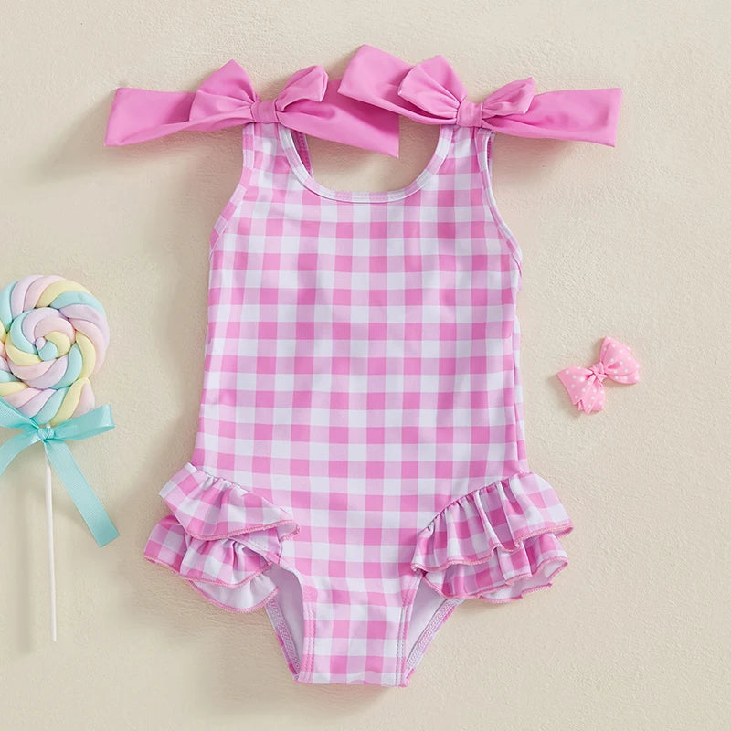 1-4Years Kids Baby Girls Swimsuits Cute Plaid Print Bowknot Shoulder Straps Ruffled Romper Bathing Suit Toddlers Beachwear