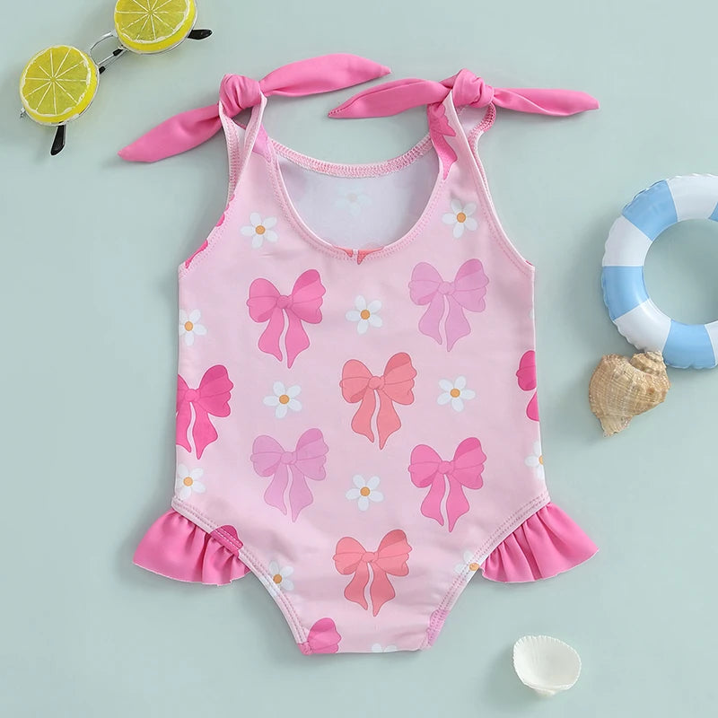 1-6T Toddler Girl Rash Guard Swimsuit Floral/Bowknot Print Sleeveless Tie Up Bathing Suit Beach Holiday Swimwear
