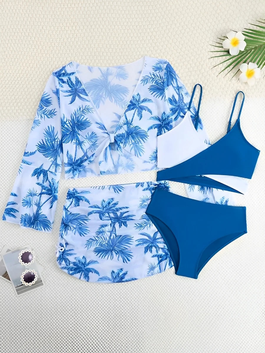 4 Pieces Bikini Top & Skirt 2025 Girls Swimsuit Kids High Waist Swimwear Children Bathers Bathing Swimming Swim Suit Beachwear