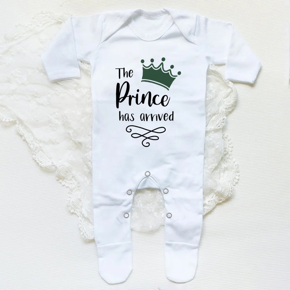 The Prince Has Arrived Print Baby Babygrow Sleepsuit Vest Bodysuit Newborn Boys Coming Home Hospital Clothes Infant Shower Gift