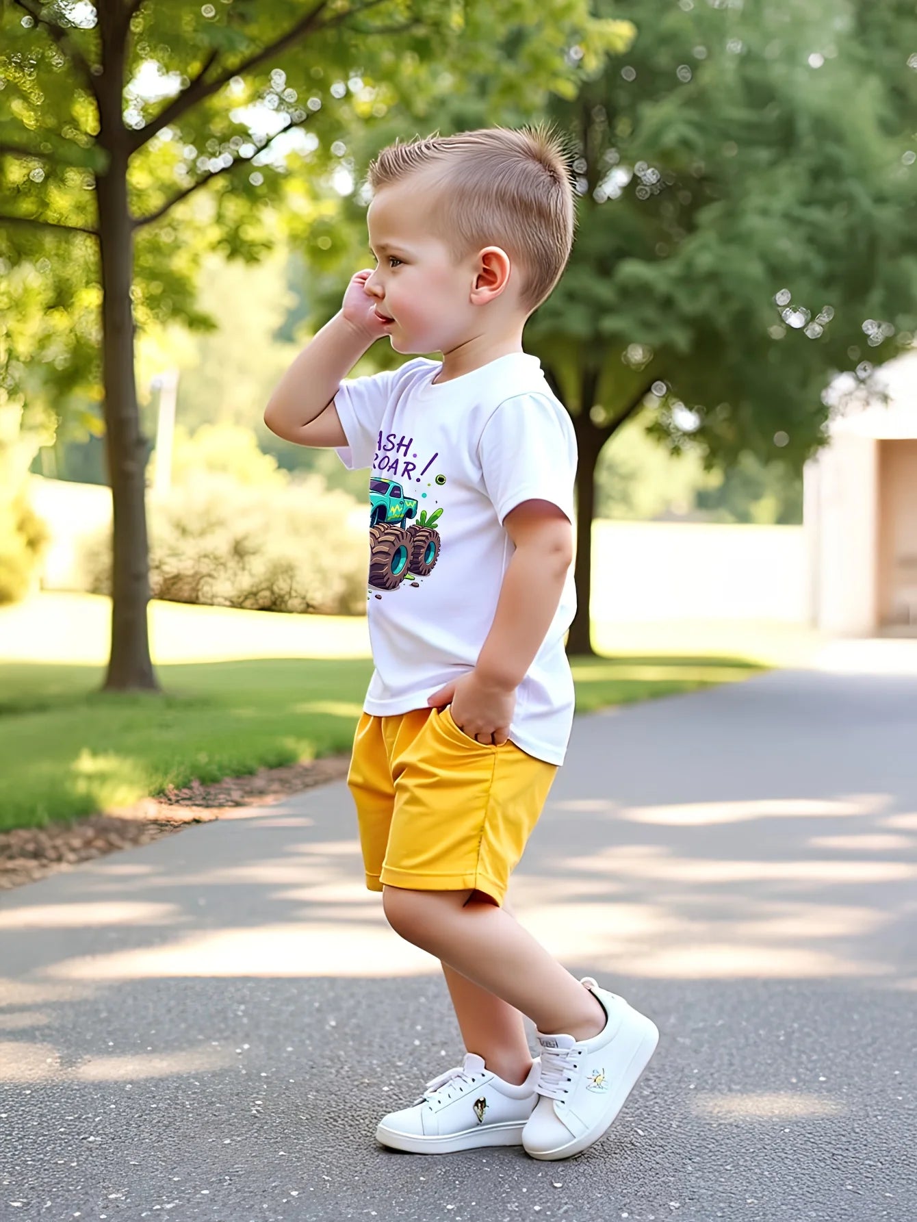 The 2025 summer new 3D truck print casual and simple set is suitable for both daily and outing outfits