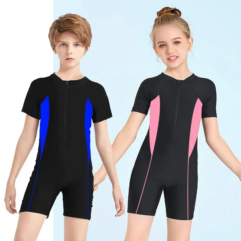 Children's One-piece Swimsuit Boy Girl Sunscreen Zipper Swimwear Color Matching Short Sleeve Shorty Swimming Suit