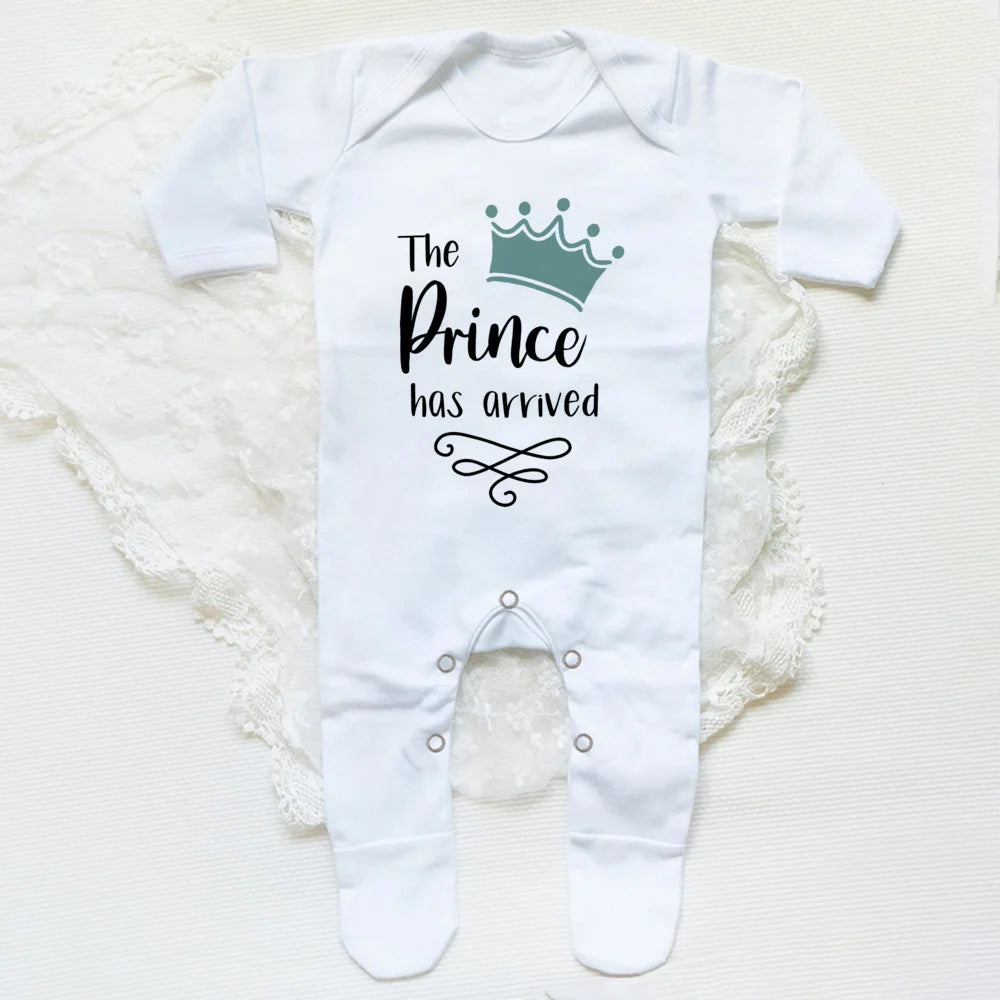 The Prince Has Arrived Print Baby Babygrow Sleepsuit Vest Bodysuit Newborn Boys Coming Home Hospital Clothes Infant Shower Gift