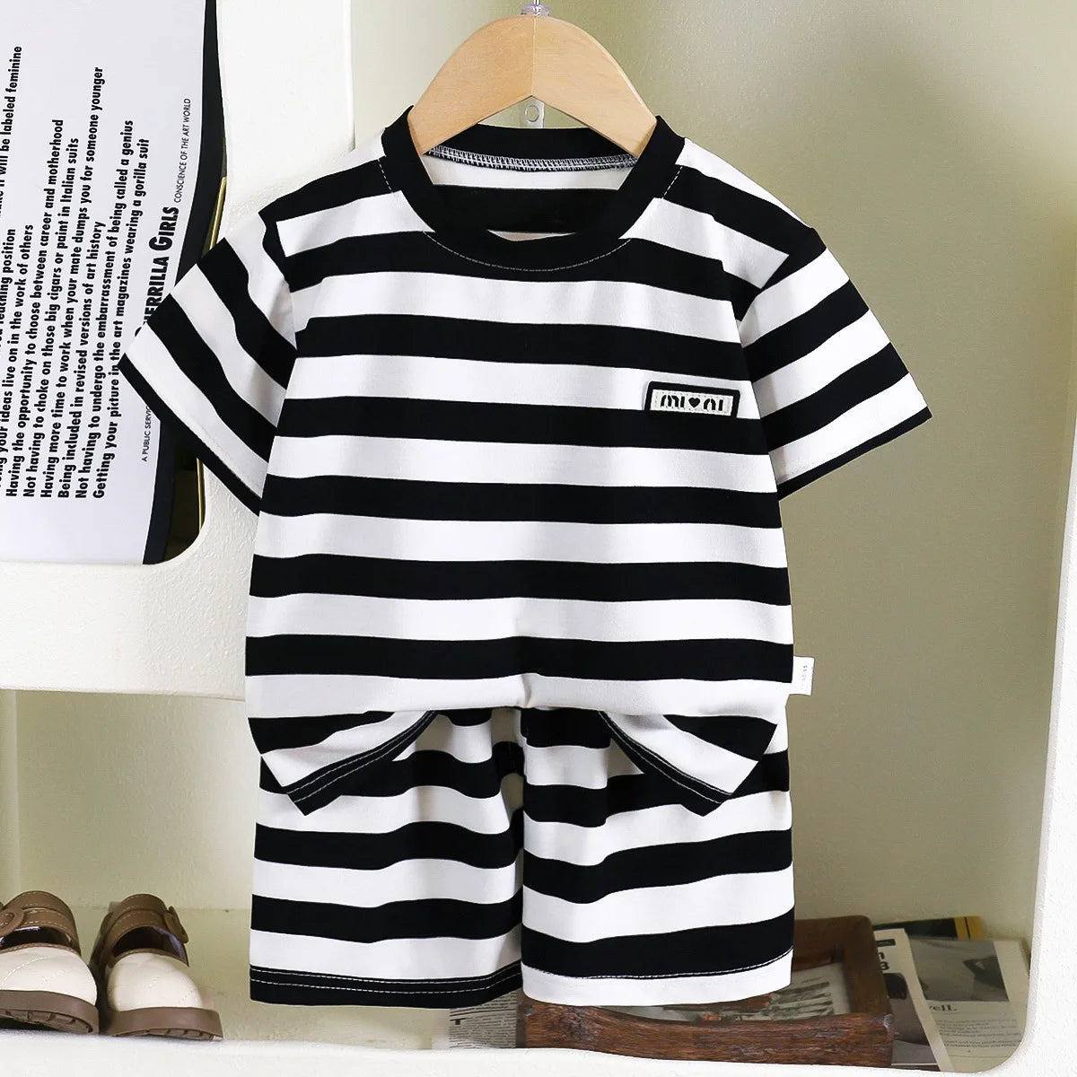 New Summer Children's Top and Bottom Clothes Set Striped Casual Sports Short Sleeve Two Piece Set Clothing