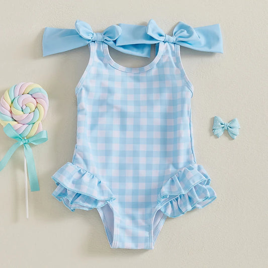 1-4Years Kids Baby Girls Swimsuits Cute Plaid Print Bowknot Shoulder Straps Ruffled Romper Bathing Suit Toddlers Beachwear