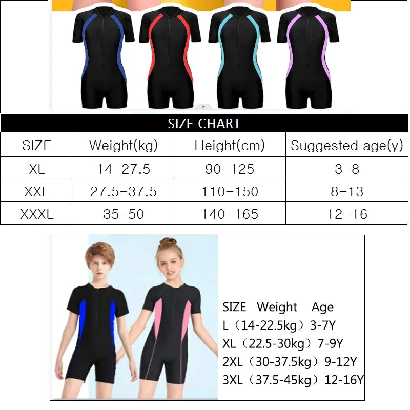 Children's One-piece Swimsuit Boy Girl Sunscreen Zipper Swimwear Color Matching Short Sleeve Shorty Swimming Suit