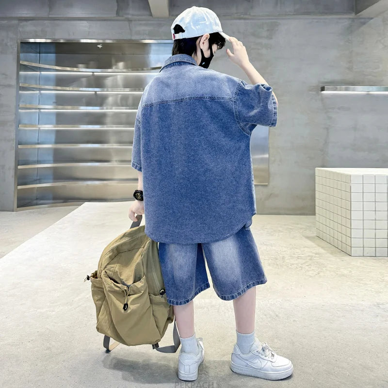 Boys Denim Suit Summer Clothes New Children's Short Sleeve Shirt + Shorts Sports Korean Tracksuit Sets Kids Luxury Clothing Suit