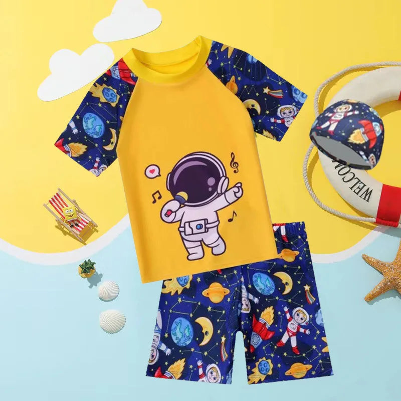 Summer Set Cartoon Print Kids Boys Swimwear Children's Swimsuit  Surfing Suit Swimming Clothes For Boy Beachwear with Hat