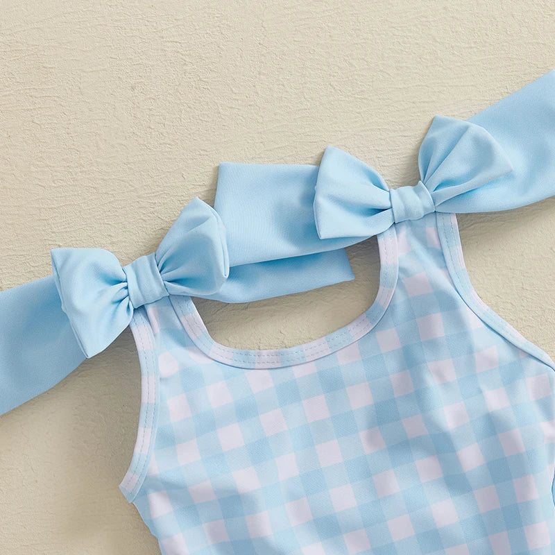 1-4Years Kids Baby Girls Swimsuits Cute Plaid Print Bowknot Shoulder Straps Ruffled Romper Bathing Suit Toddlers Beachwear