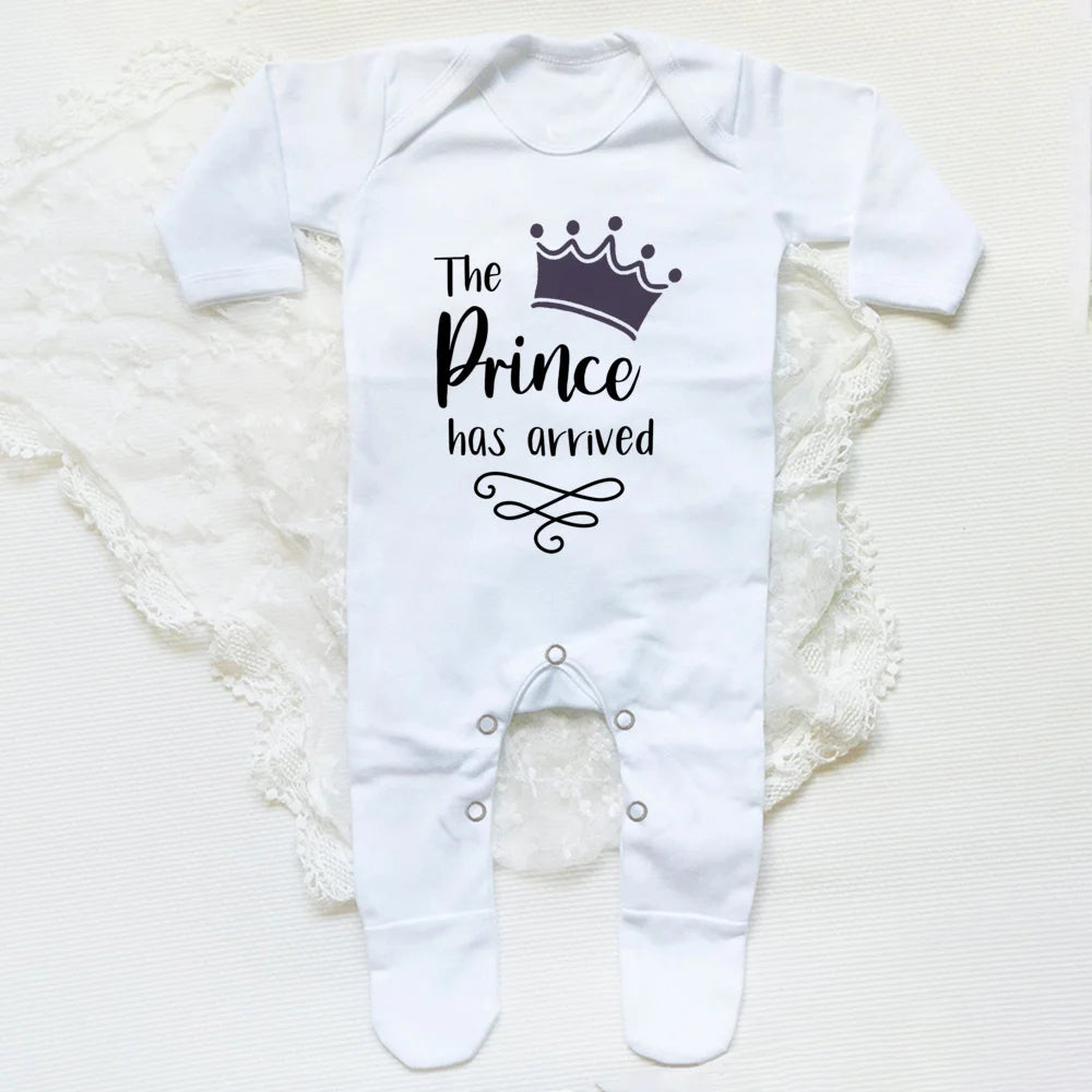 The Prince Has Arrived Print Baby Babygrow Sleepsuit Vest Bodysuit Newborn Boys Coming Home Hospital Clothes Infant Shower Gift
