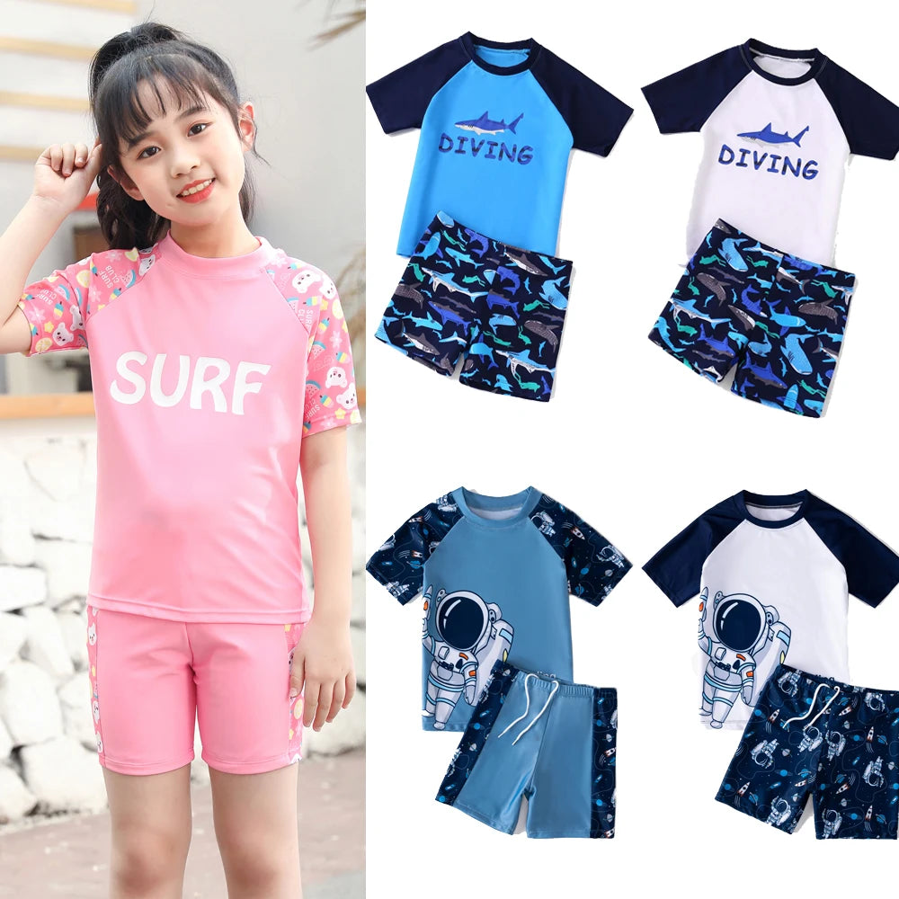 Summer Children's Swimsuit Boy Short Sleeve Beachwear Anstronaut Kids Cartoon Cute Quick Drying Boys Swimsuit Set Boys Swim Suit