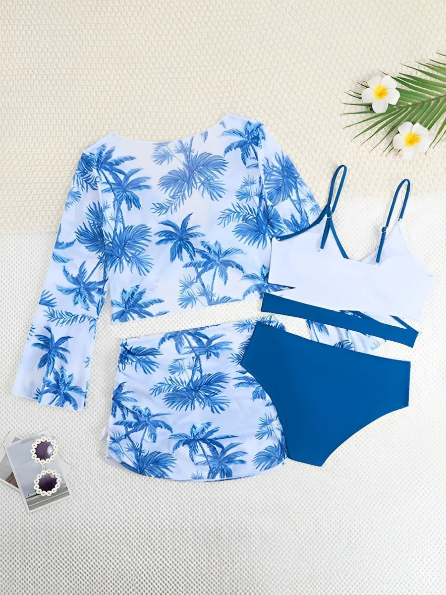 4 Pieces Bikini Top & Skirt 2025 Girls Swimsuit Kids High Waist Swimwear Children Bathers Bathing Swimming Swim Suit Beachwear