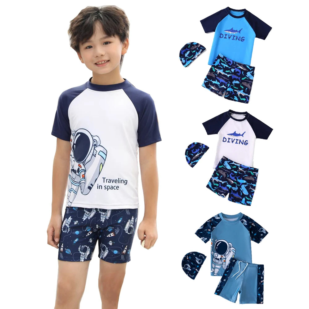 Summer Children's Swimsuit Boy Short Sleeve Beachwear Anstronaut Kids Cartoon Cute Quick Drying Boys Swimsuit Set Boys Swim Suit