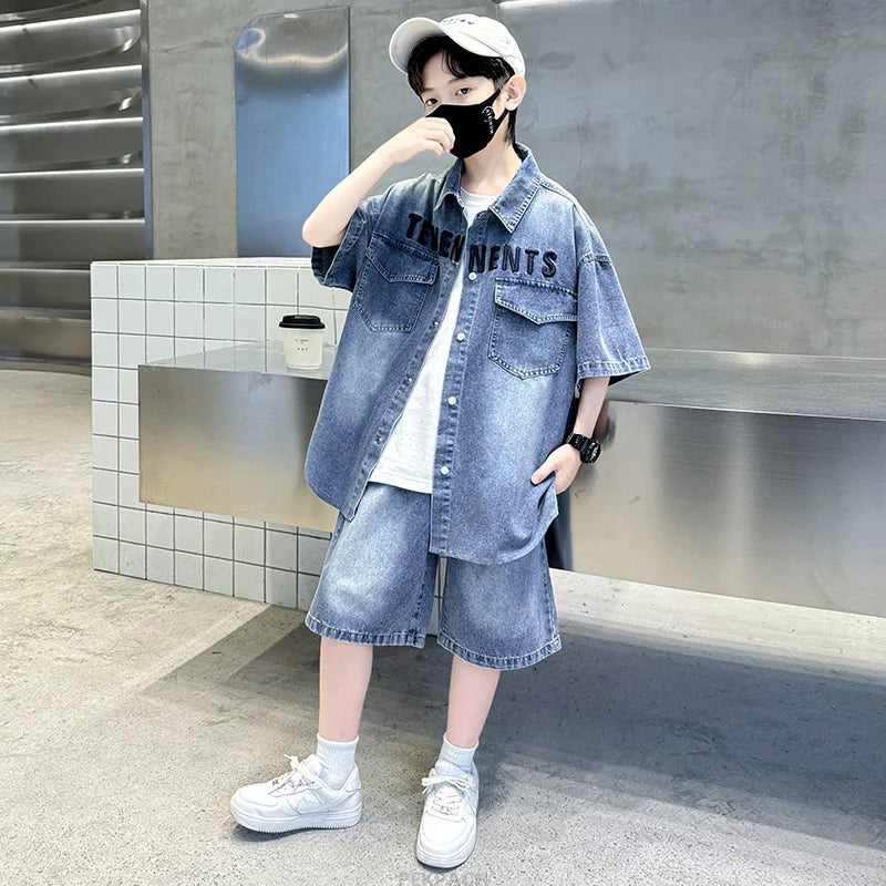 Boys Denim Suit Summer Clothes New Children's Short Sleeve Shirt + Shorts Sports Korean Tracksuit Sets Kids Luxury Clothing Suit