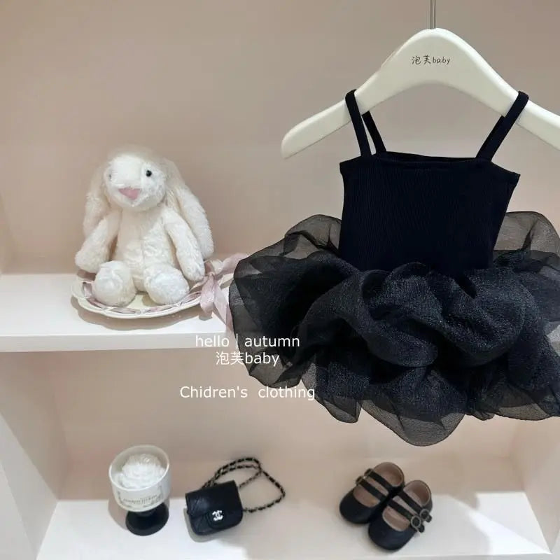Little Black Dress 2025 Summer New Product Stylish Girls' Dress Korean Version Children's Baby Strap Princess Dress