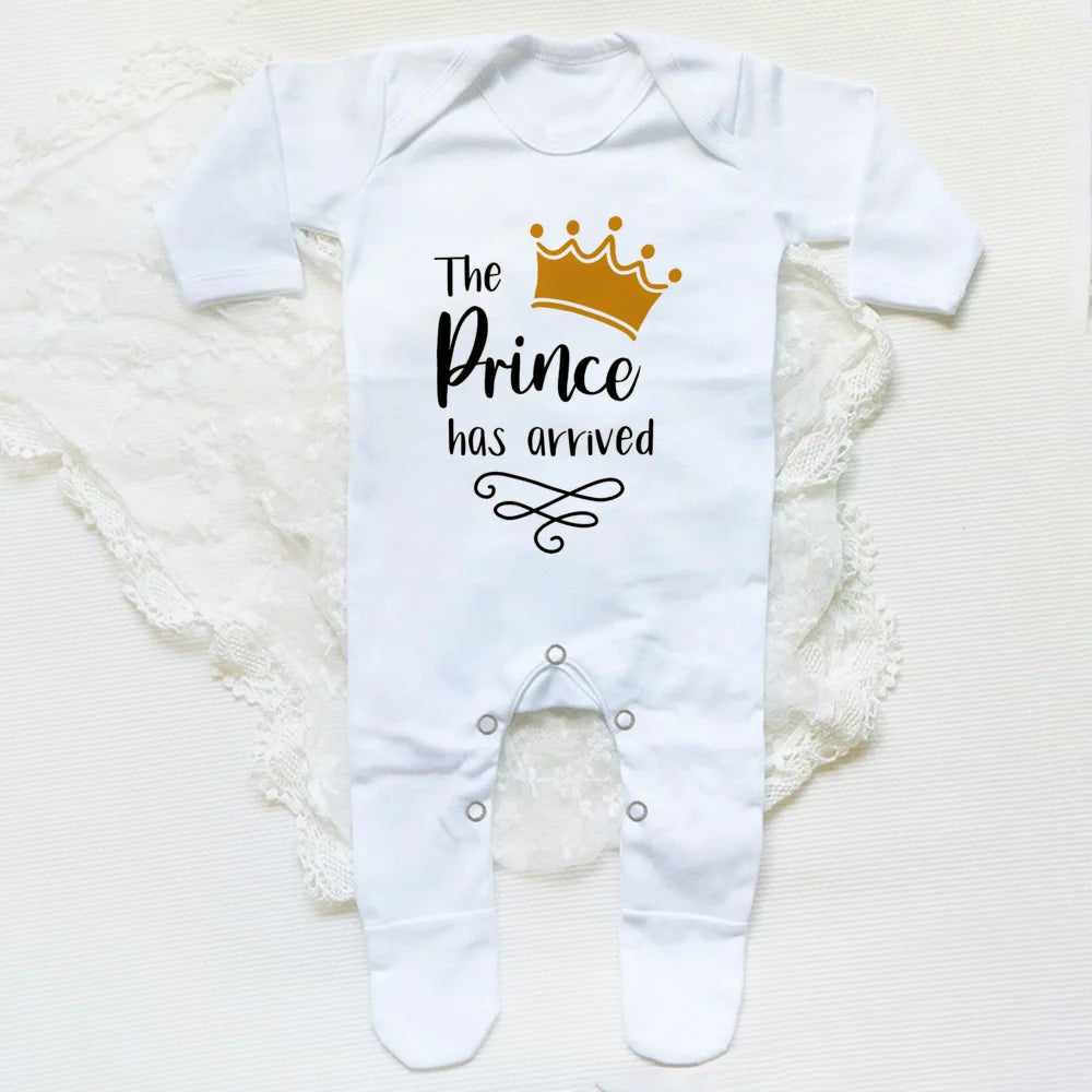 The Prince Has Arrived Print Baby Babygrow Sleepsuit Vest Bodysuit Newborn Boys Coming Home Hospital Clothes Infant Shower Gift