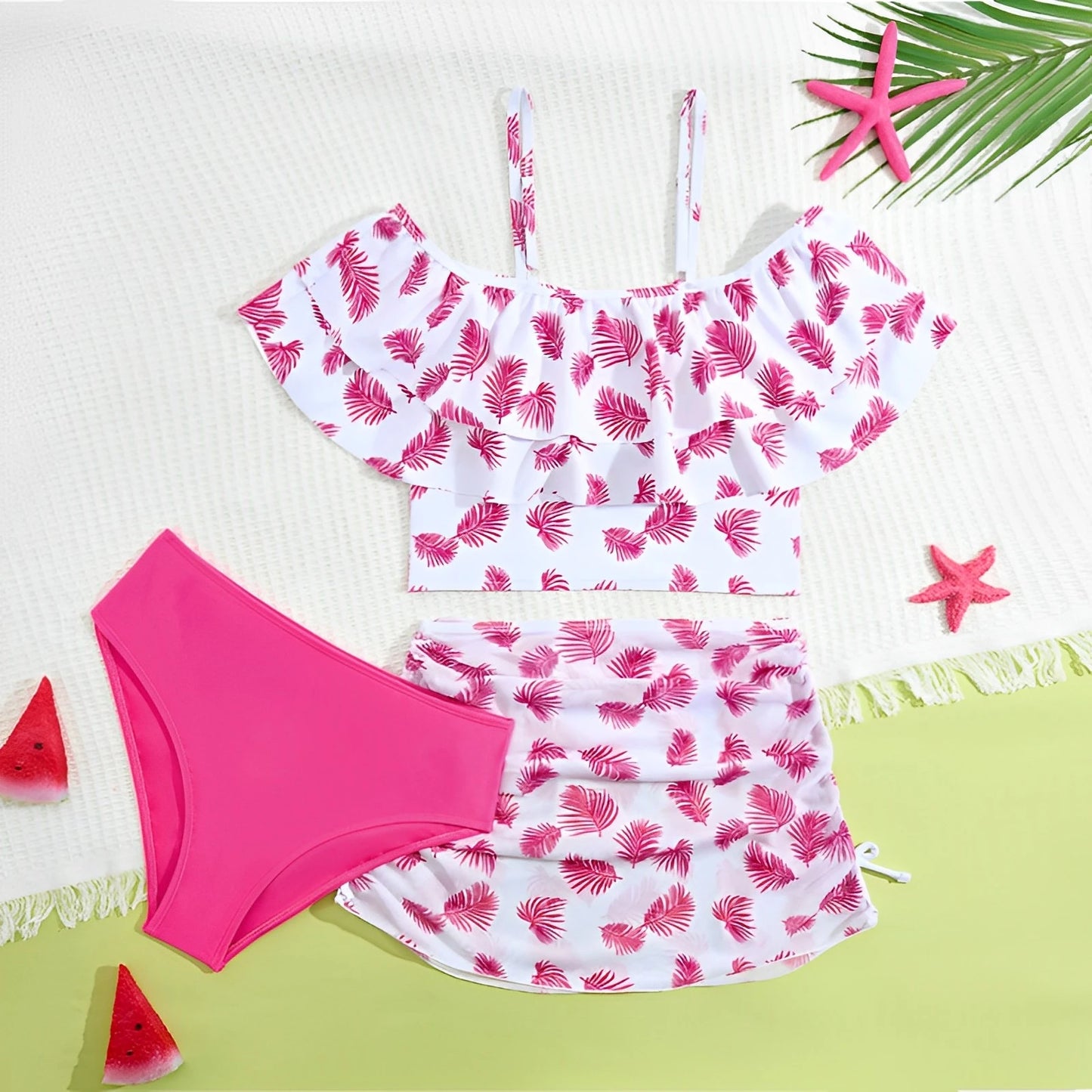 3 Pieces Ruffle Bikini 2025 Girls Swimsuit High Waist Kids Swimwear Female & Beach Skirt Children Swimming Bathing Swim Suit