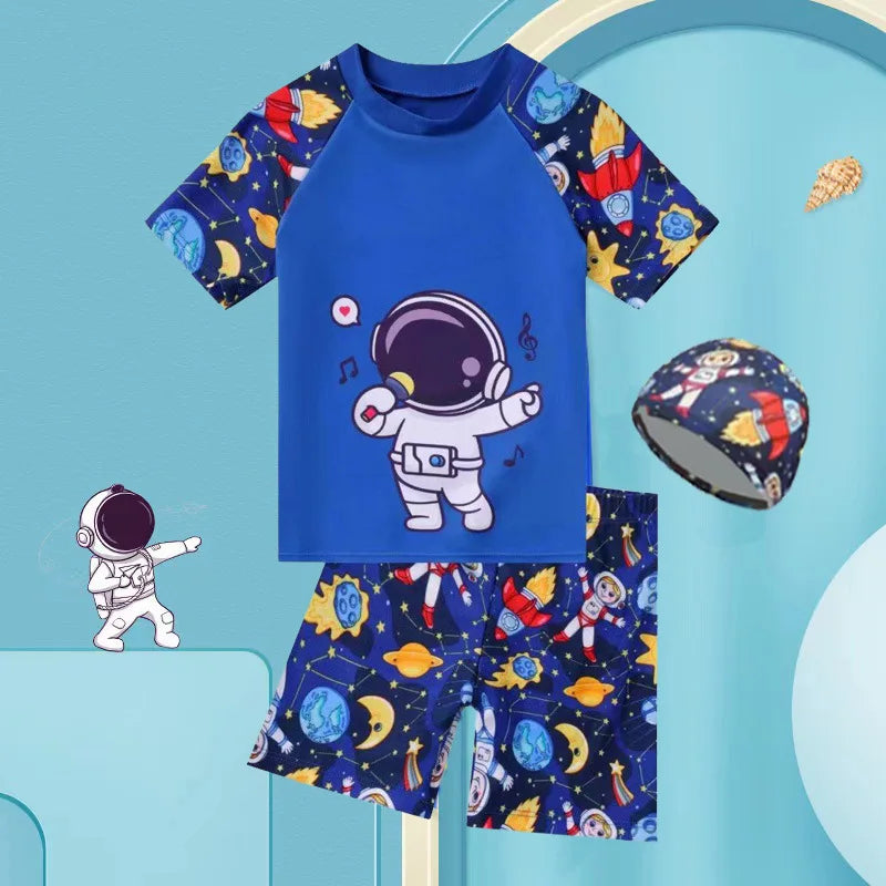 Summer Set Cartoon Print Kids Boys Swimwear Children's Swimsuit  Surfing Suit Swimming Clothes For Boy Beachwear with Hat
